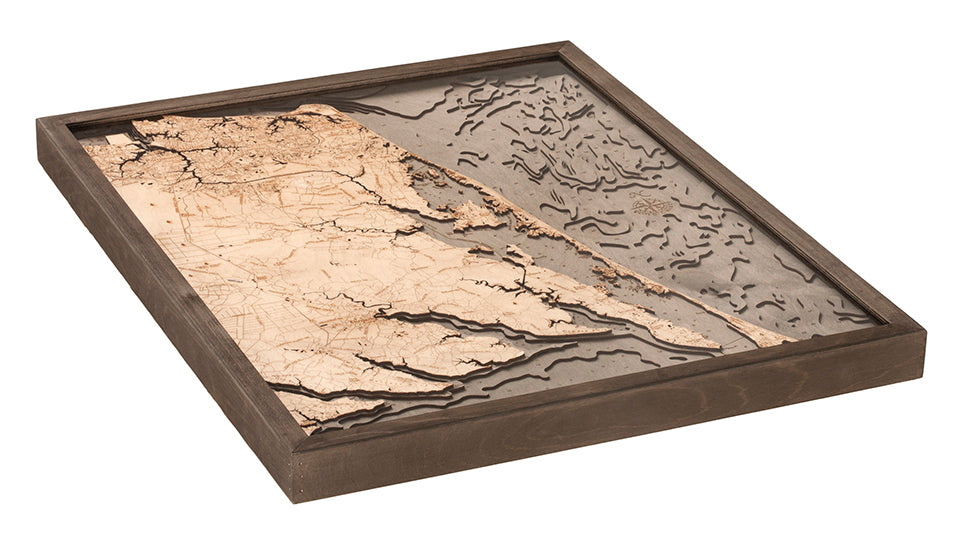 Virginia Beach to Kitty Hawk 3D wood map, light frame
