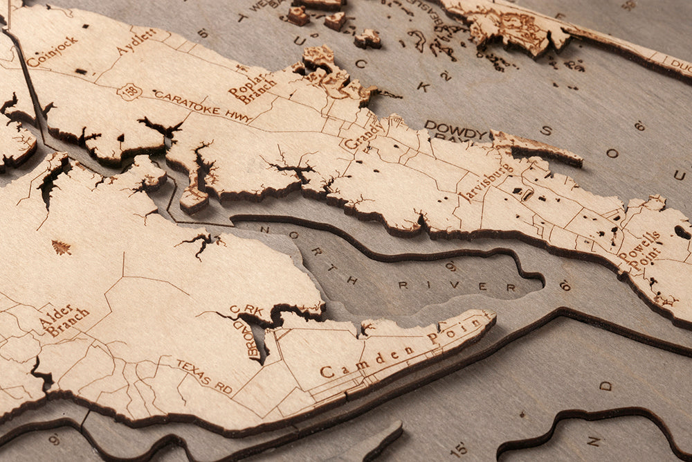 Virginia Beach to Kitty Hawk 3D wood map, light frame