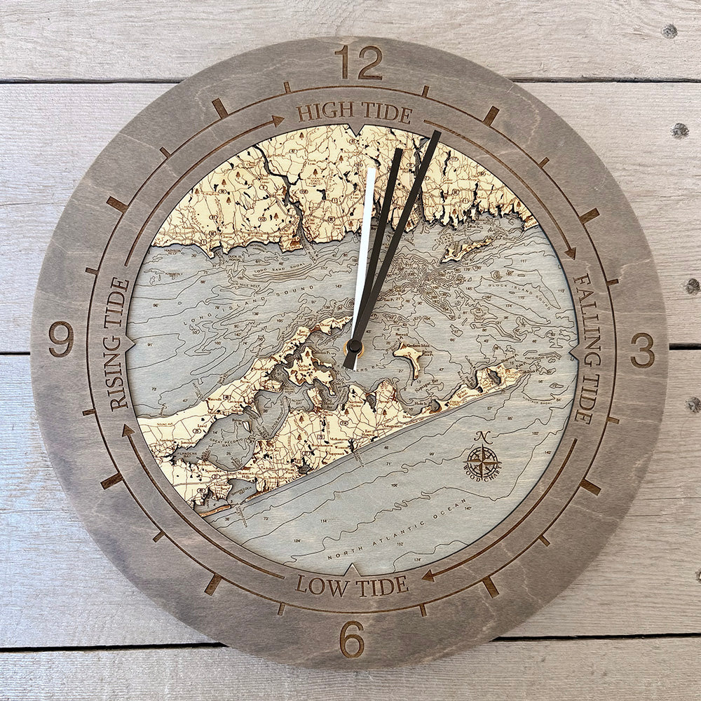 The Hamptons tide and time clock in laser-cut Baltic birch