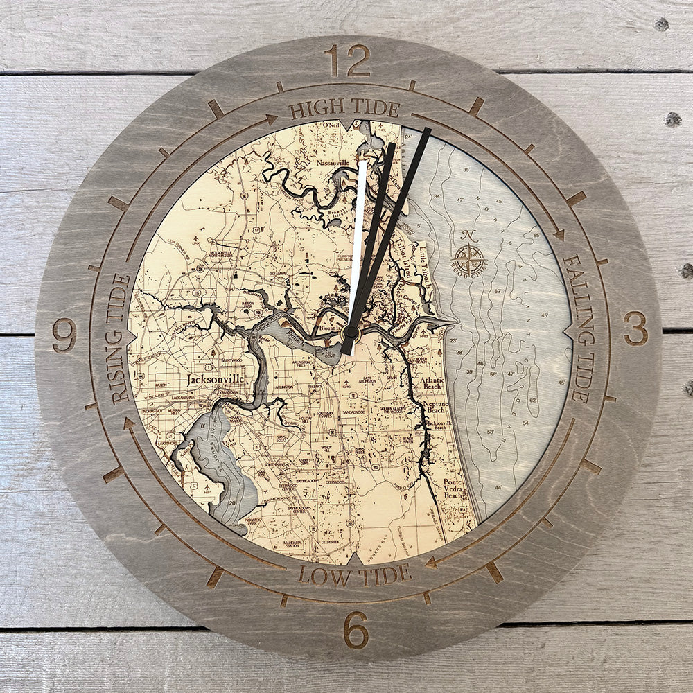 Jacksonville tide and time clock in laser-cut Baltic birch