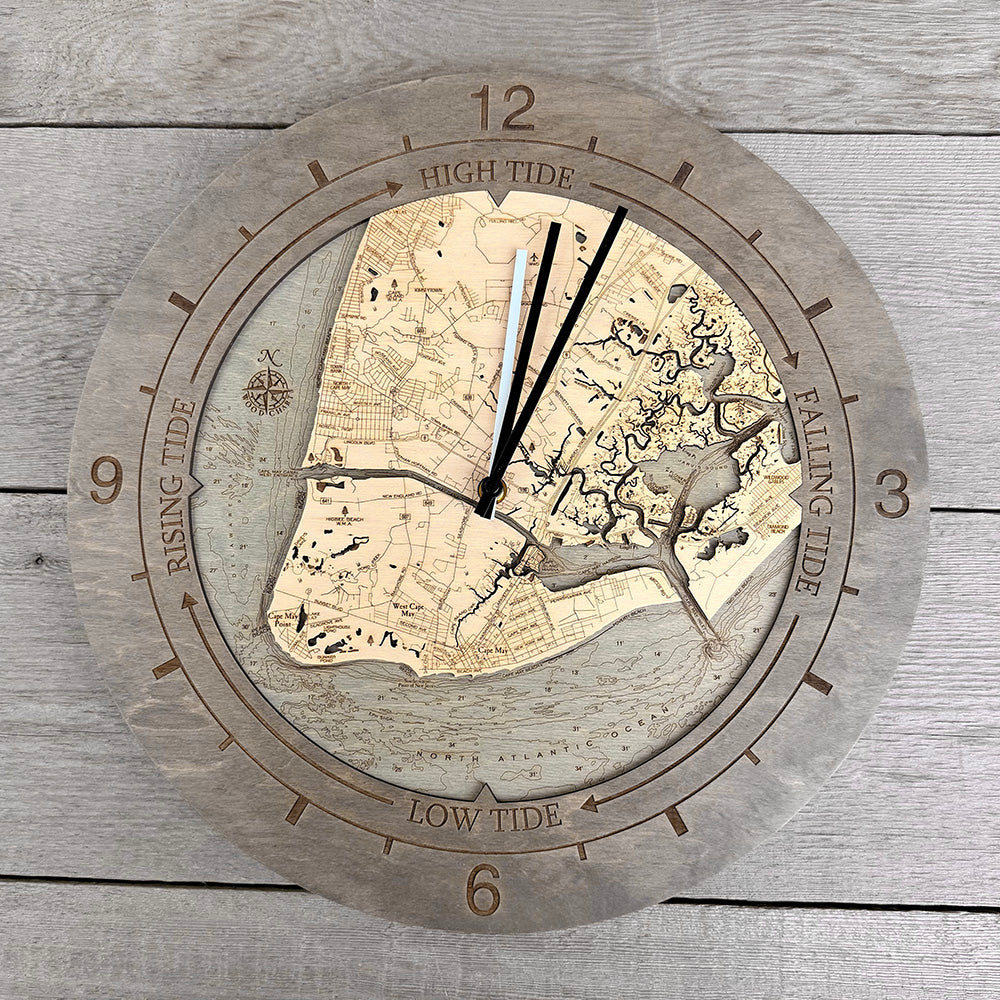 Cape May tide and time clock in laser-cut Baltic birch