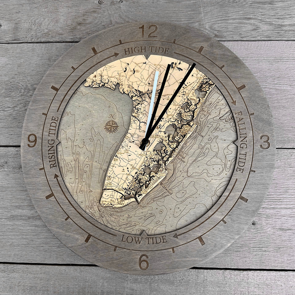 Strathmere to Cape May tide and time clock in laser-cut Baltic birch