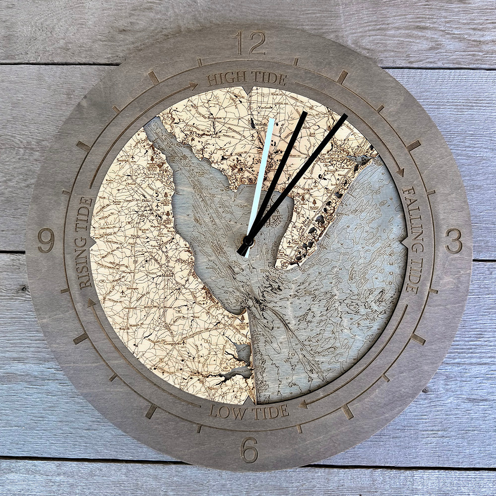 Delaware Bay tide and time clock in laser-cut Baltic birch