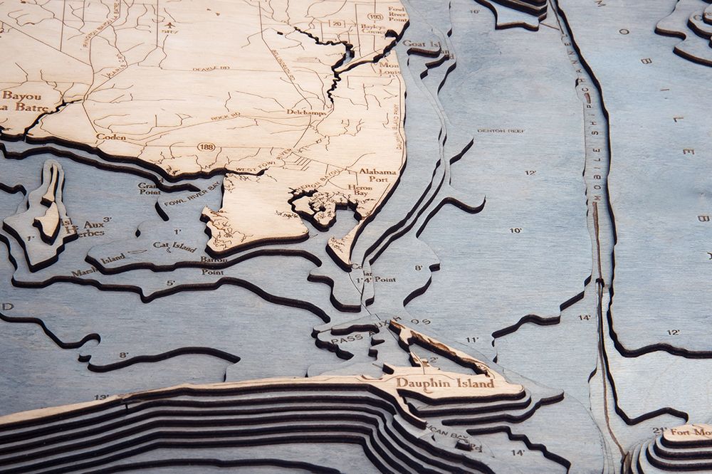 Mobile Bay 3D wood map, white frame