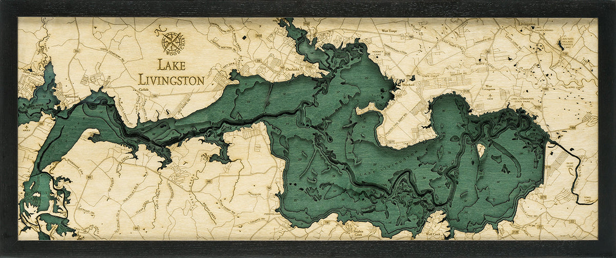 Lake Livingston 3D wood map, dark frame