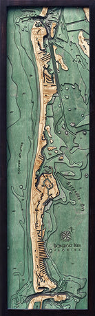 Longboat Key, Florida 3D layered wood map in laser-cut Baltic birch, shown framed against a light wall
