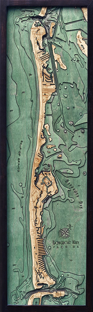 Longboat Key, Florida 3D layered wood map in laser-cut Baltic birch, shown framed against a light wall