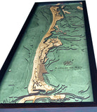 Longboat Key, Florida 3D layered wood map in laser-cut Baltic birch, shown framed against a light wall