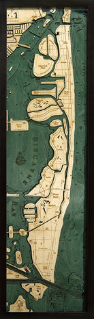 Miami Beach, Florida 3D layered wood map in laser-cut Baltic birch, shown framed against a light wall