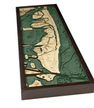 Miami Beach, Florida 3D layered wood map in laser-cut Baltic birch, shown framed against a light wall