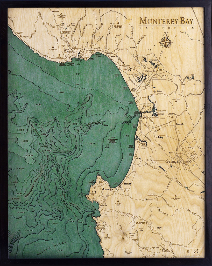 Monterey Bay Wood Carved Topographic Depth Chart / Map