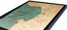Monterey Bay, California 3D layered wood map in laser-cut Baltic birch, shown framed against a light wall