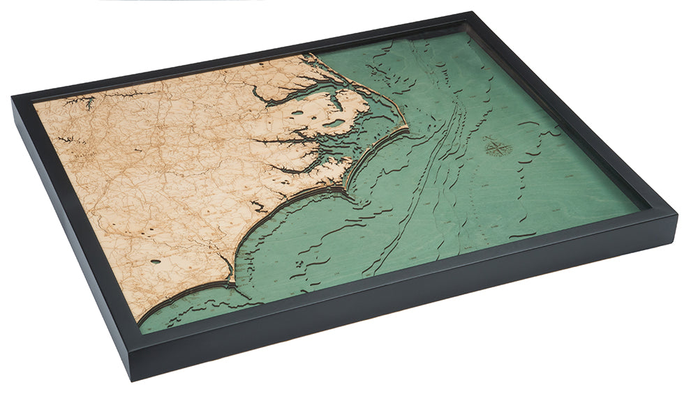 North Carolina Coast 3D wood map, dark frame