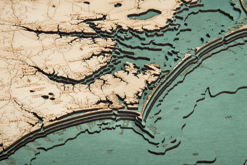 North Carolina Coast 3D wood map, dark frame
