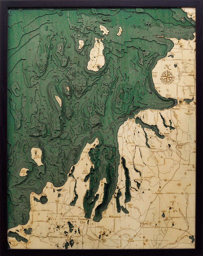Northwest Michigan 3D wood map, dark frame