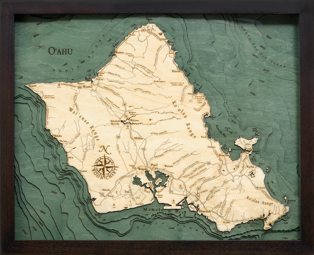 Oahu 3D wood map, dark frame