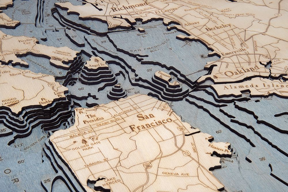 San Francisco, California 3D wood map, white frame