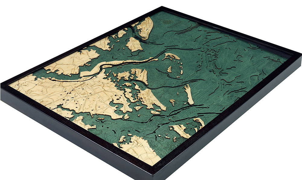 Savannah, Georgia 3D layered wood map in laser-cut Baltic birch, shown framed against a light wall