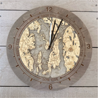 Narragansett Bay, Rhode Island wood wall clock in laser-cut Baltic birch, shown framed against a light wall