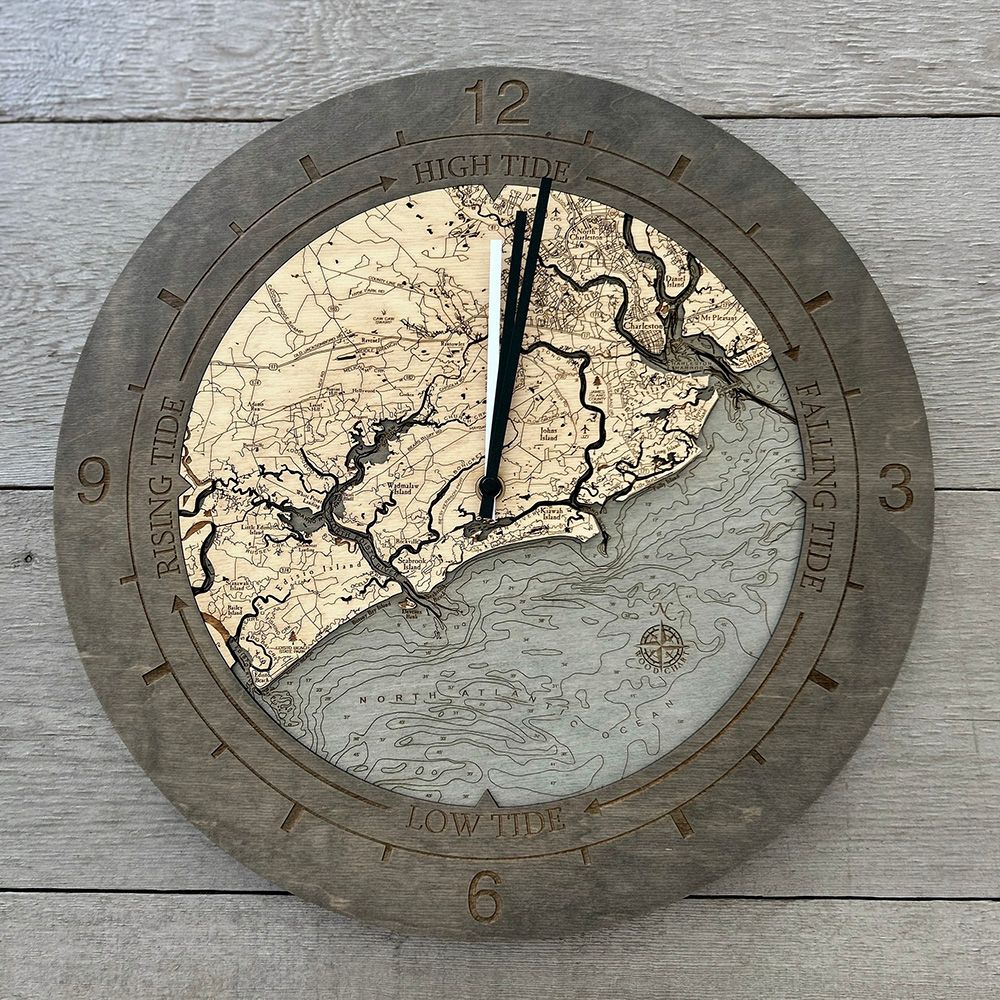 Edisto Island to Folly Beach tide and time clock in laser-cut Baltic birch
