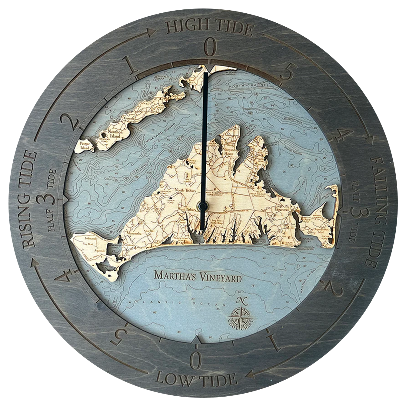 Martha's Vineyard, Massachusetts wood tide clock in laser-cut Baltic birch, shown framed against a light wall