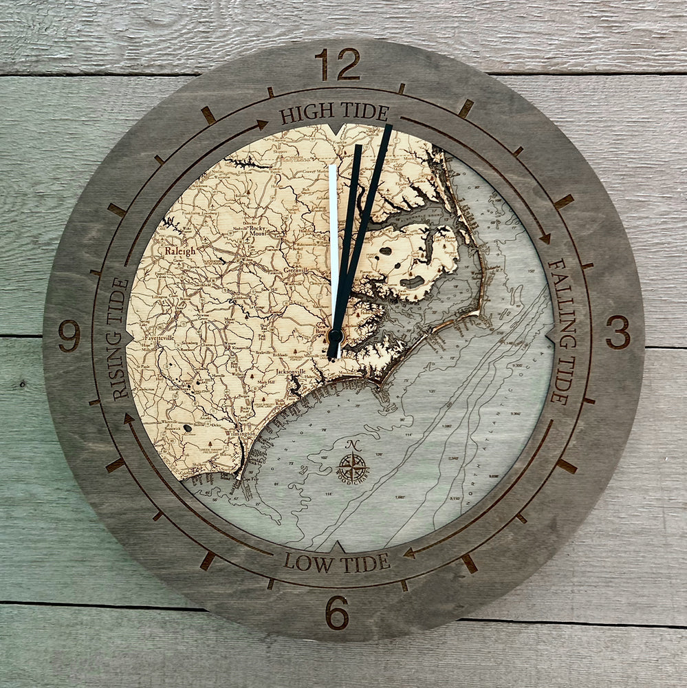 North Carolina Coast tide and time clock in laser-cut Baltic birch