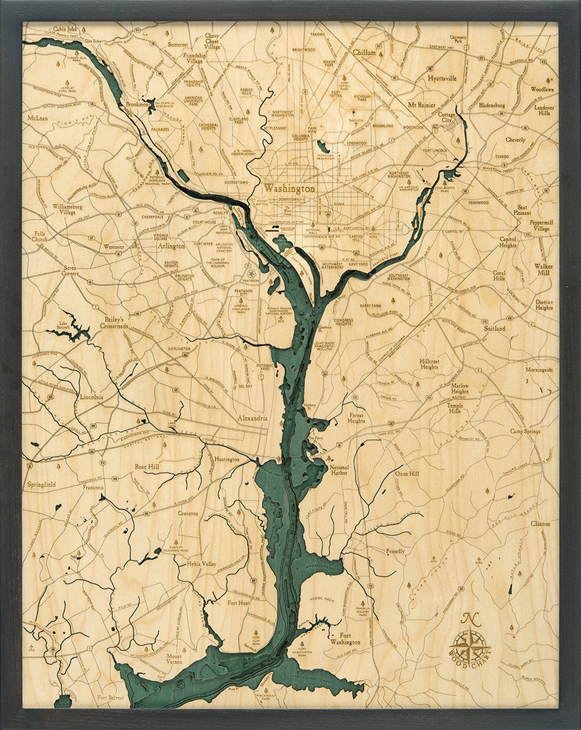 Washington D.C. Wood Carved Topographic Depth Chart / Map