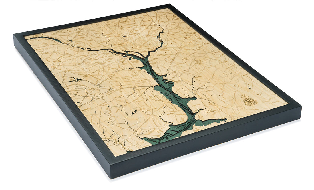 Washington D.C., Washington, D.C. 3D layered wood map in laser-cut Baltic birch, shown framed against a light wall