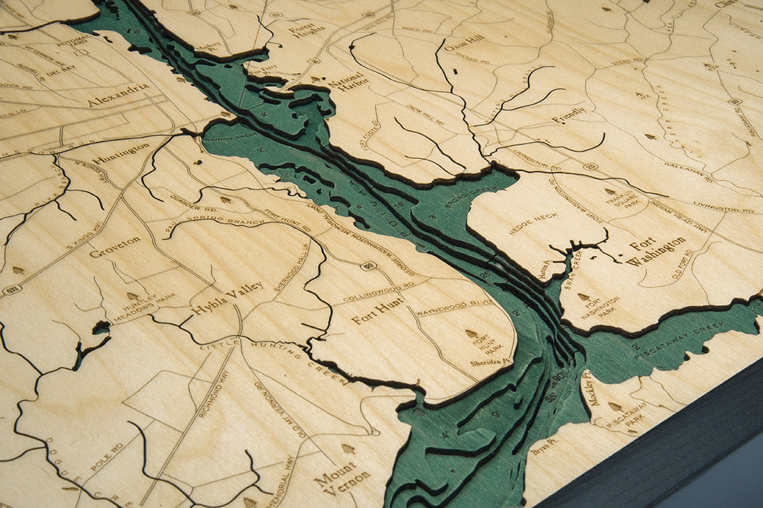 Washington D.C., Washington, D.C. 3D layered wood map in laser-cut Baltic birch, shown framed against a light wall