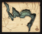 Lake Waramaug, Connecticut 3D layered wood map in laser-cut Baltic birch, shown framed against a light wall