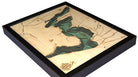 Lake Waramaug, Connecticut 3D layered wood map in laser-cut Baltic birch, shown framed against a light wall