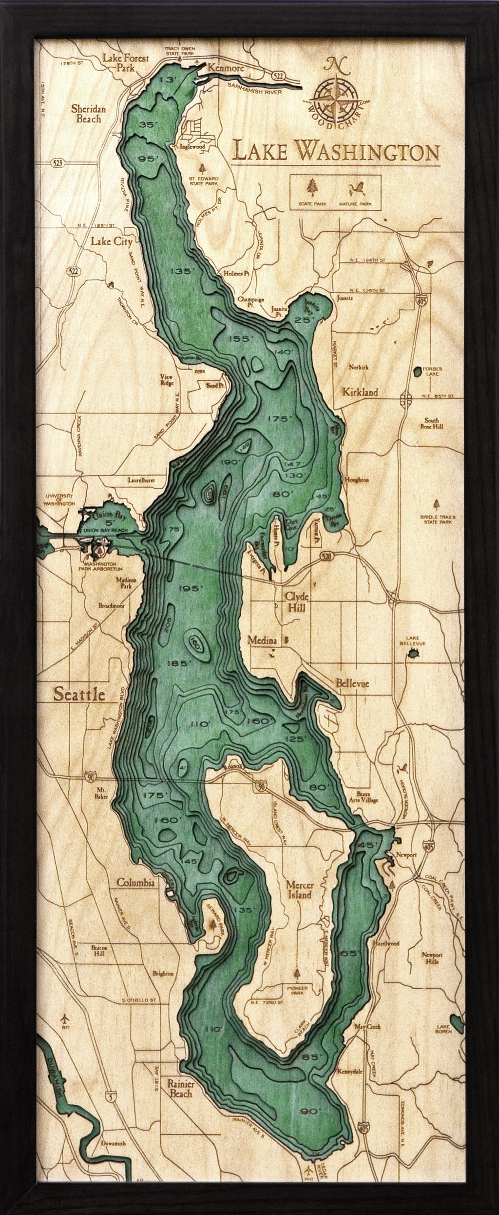 Lake Washington 3D wood map, dark frame