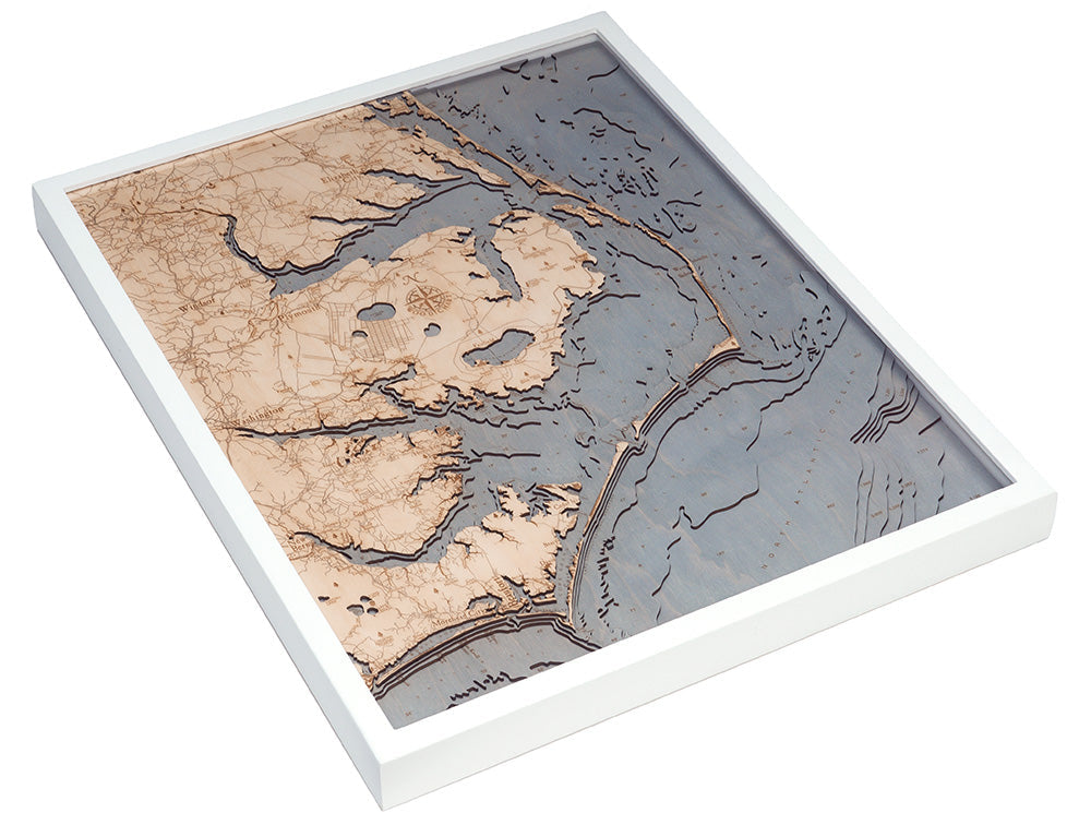 Outer Banks, North Carolina 3D wood map 24.5 x 31, white frame