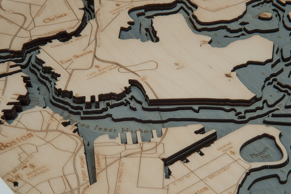 Boston Harbor, Massachusetts 3D wood map, white frame
