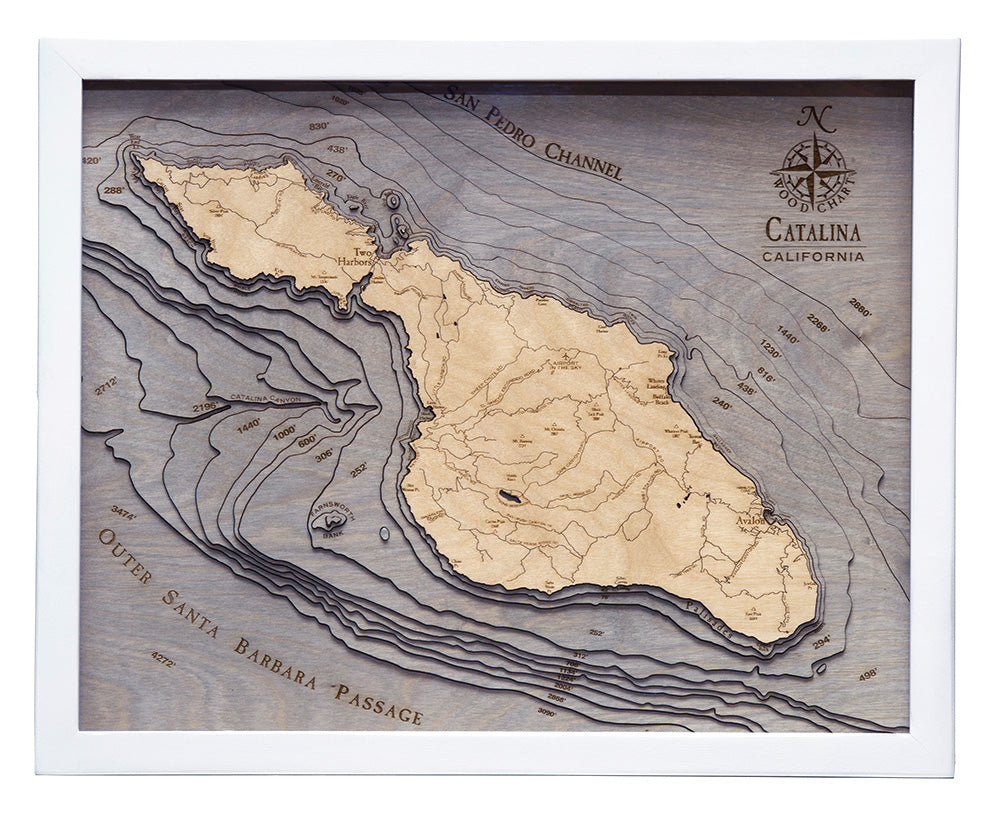 Catalina Island, California 3D wood map, white frame
