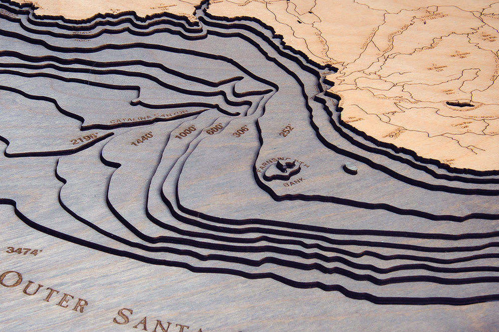 Catalina Island, California 3D wood map, white frame