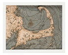 Cape Cod, Massachusetts 3D layered wood map in laser-cut Baltic birch, shown framed against a light wall