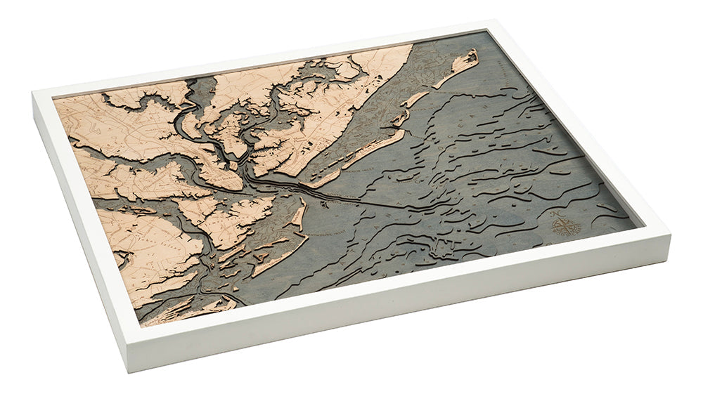 Charleston, South Carolina 3D wood map, white frame