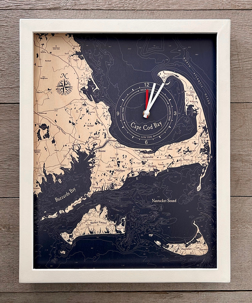 Cape Cod framed tide and time clock, white frame