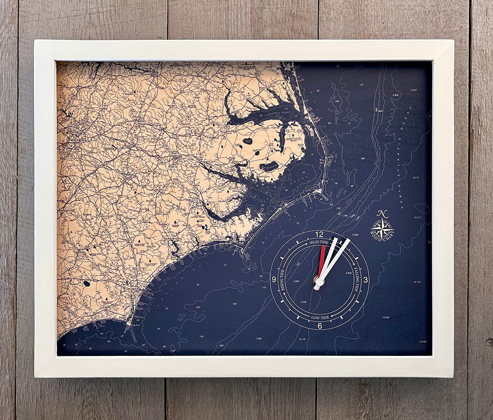 North Carolina Coast framed tide and time clock, white frame