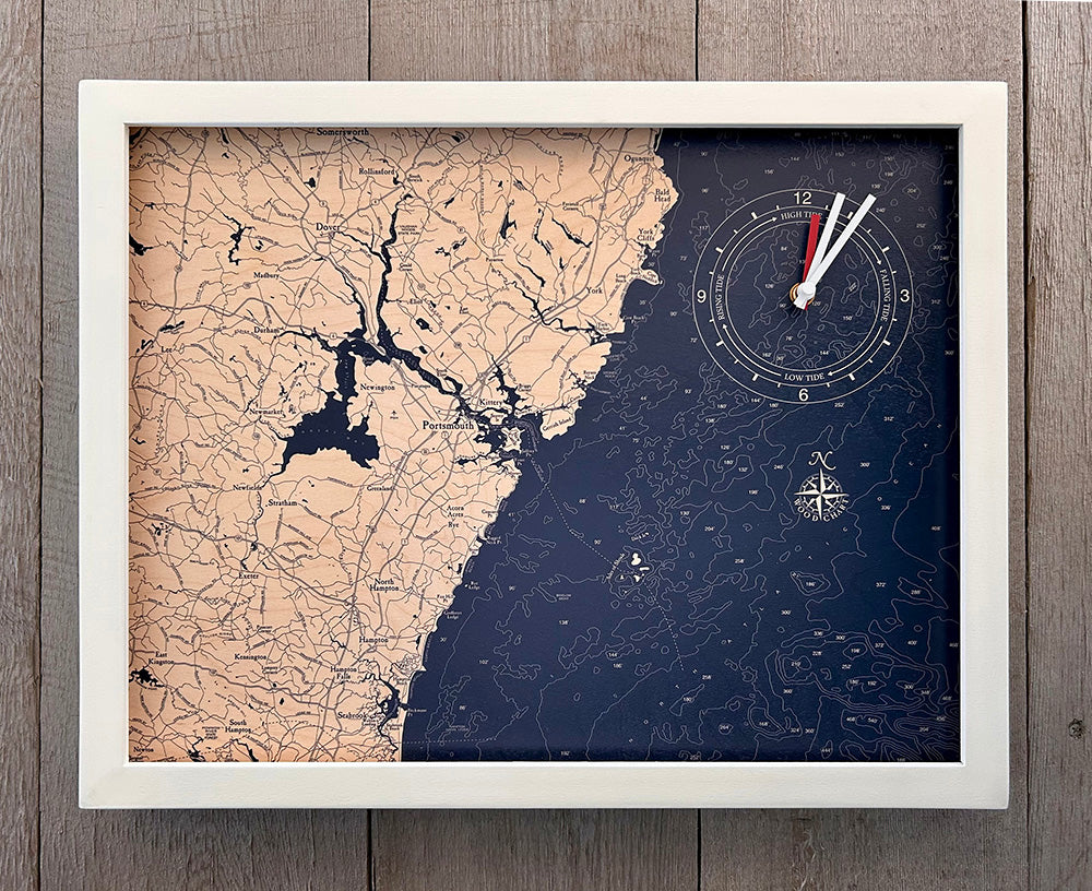 New Hampshire Coast framed tide and time clock, white frame