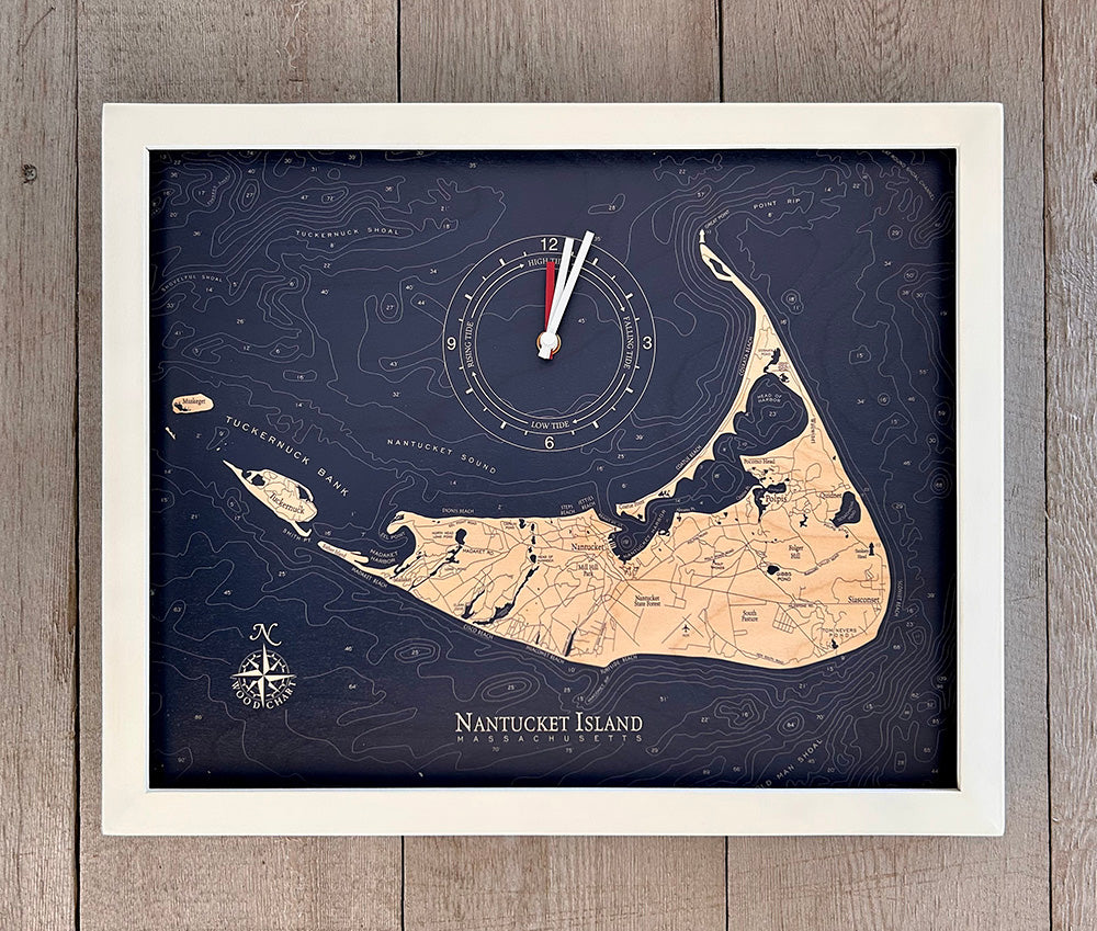 Nantucket framed tide and time clock, white frame