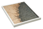 Georgia Coast 3D layered wood map in laser-cut Baltic birch, shown framed against a light wall