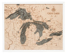 Great Lakes 3D layered wood map in laser-cut Baltic birch, shown framed against a light wall