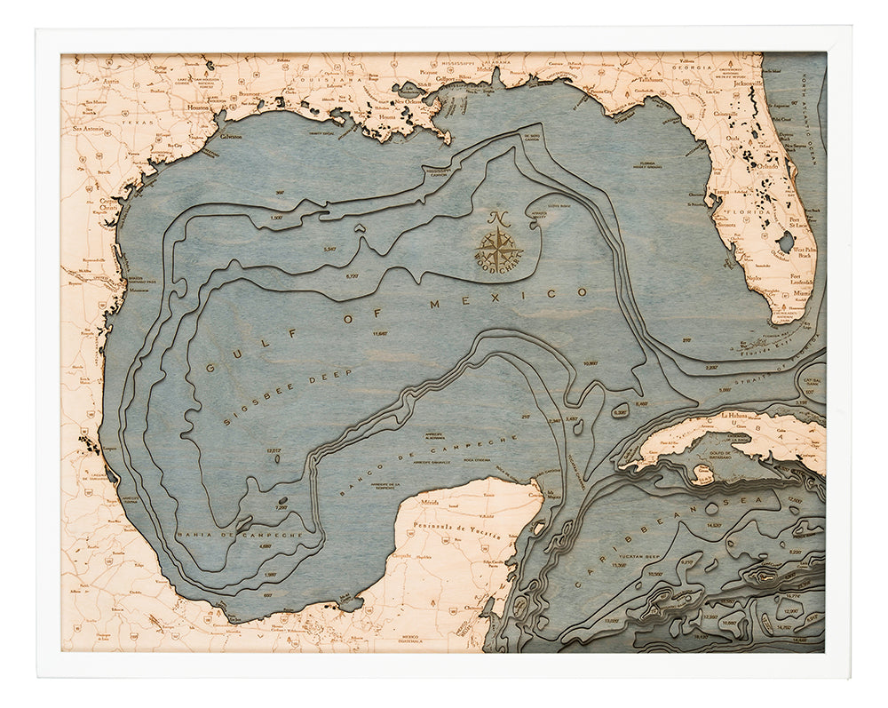 Gulf Of Mexico 3D layered wood map in laser-cut Baltic birch, shown framed against a light wall