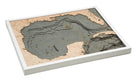 Gulf Of Mexico 3D layered wood map in laser-cut Baltic birch, shown framed against a light wall