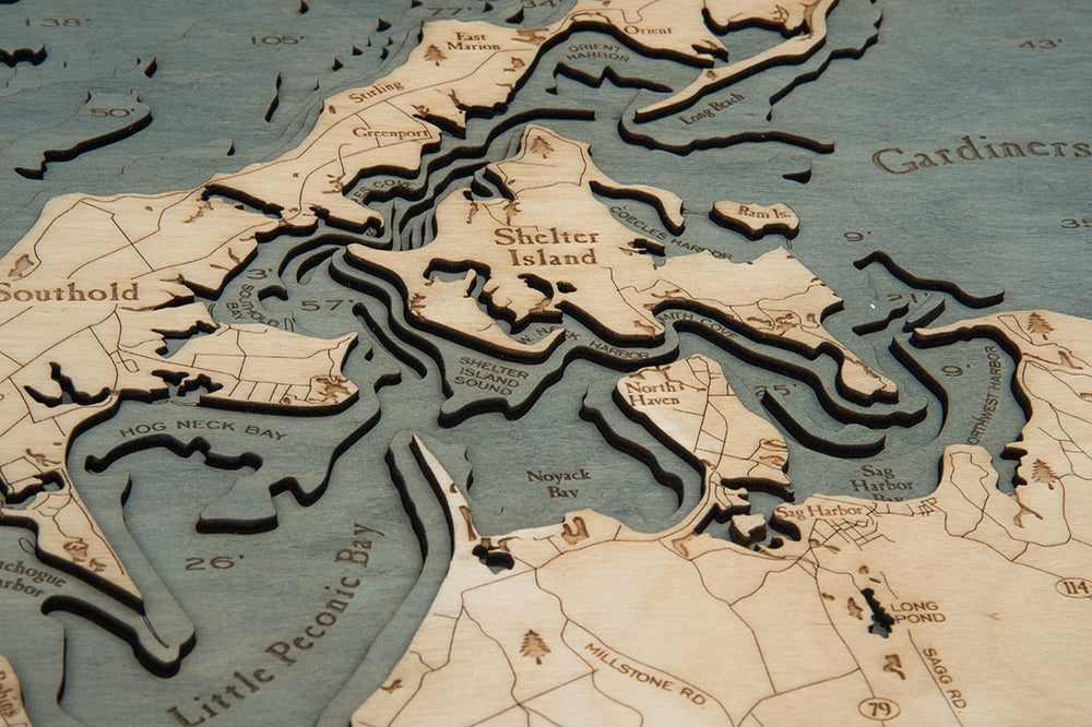 East Long Island Sound 3D wood map, white frame