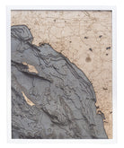 LA to San Diego, California 3D layered wood map in laser-cut Baltic birch, shown framed against a light wall