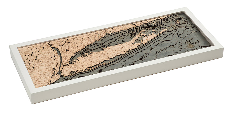 Long Island Sound 3D wood map, white frame