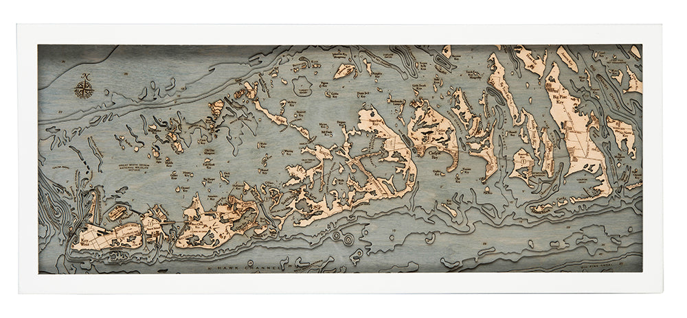 Florida Keys 3D layered wood map in laser-cut Baltic birch, shown framed against a light wall